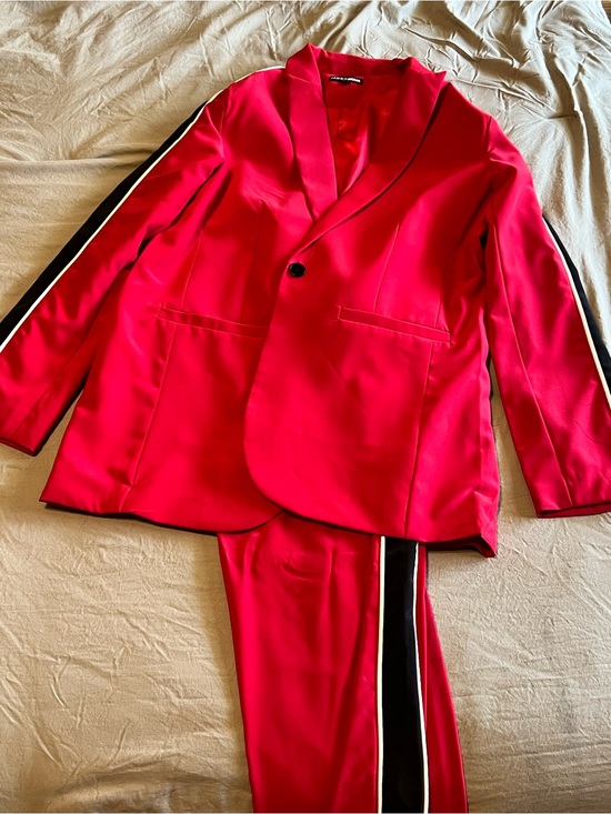 Fashion Nova Pants - Red Blazer & Trousers Set with Contrast Stripe